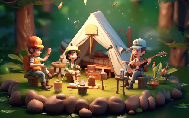 personajes de dibujos animados en 3d aventura de fogata en verano feliz y disfrutando