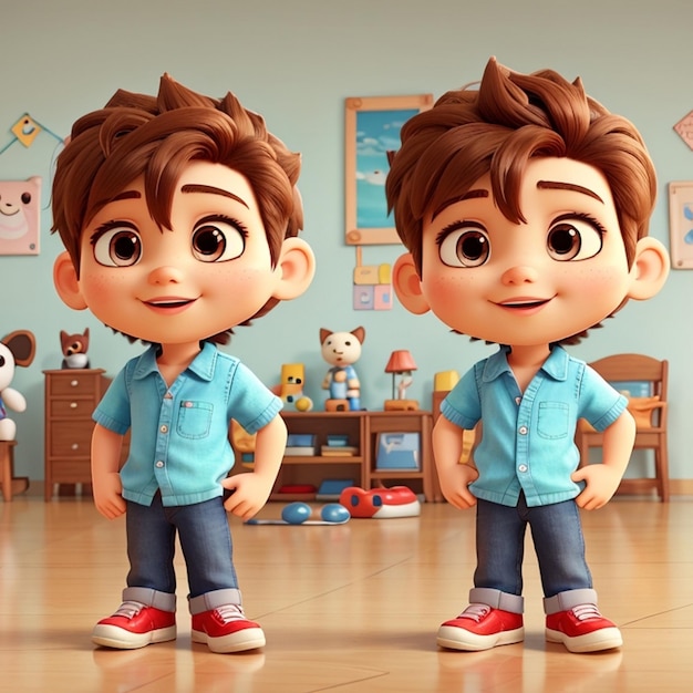 Personajes de dibujos animados en 3D, chico lindo, sonriente.