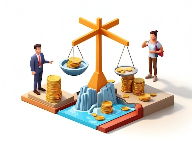 Personajes de dibujos animados en 3D equilibrando ingresos y gastos en una escala para la equidad fiscal Escena isométrica