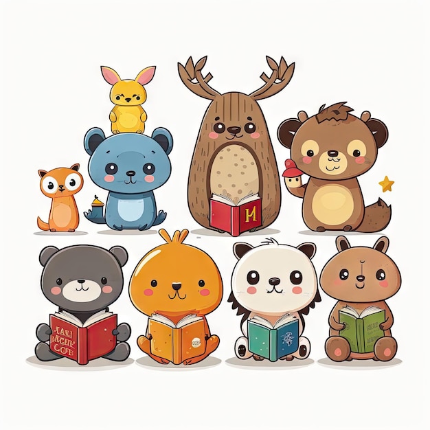 Personajes de dibujos animados animales lindos leyendo libros fondo blanco ilustración vectorial