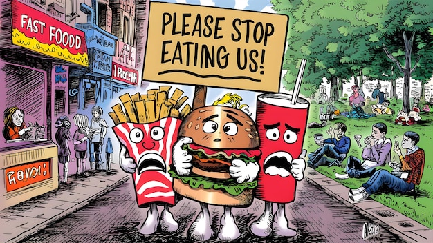 Personajes de dibujos animados de comida rápida que protestan contra ser comidos Concepto Personaje de comida rápida Protesta Derechos de la comida animada Humor