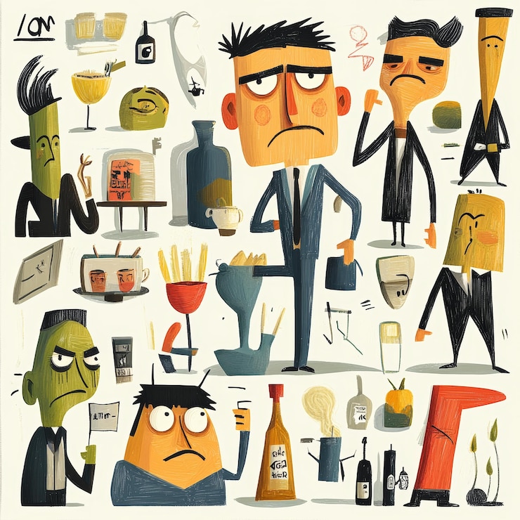 Foto personajes de dibujos animados divertidos ilustración empresarios bebidas y objetos