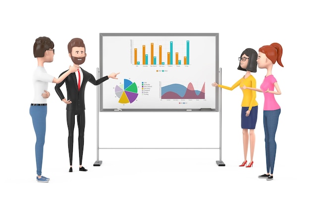 Personajes de dibujos animados del equipo de negocios reunidos y hablando frente a la pizarra de la oficina con gráficos y diagramas sobre un fondo blanco. Representación 3d