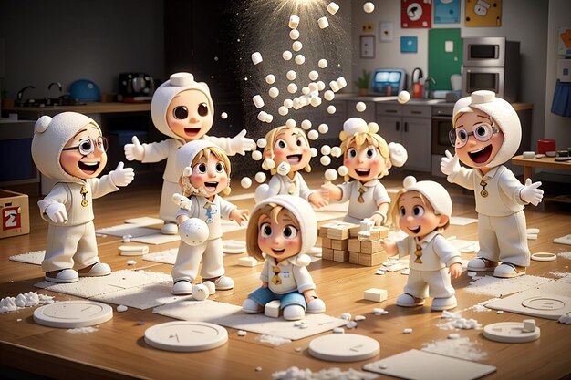 Los personajes de dibujos animados de Flour Fun juegan a TicTacToe en el mostrador
