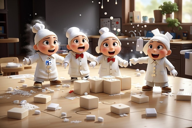 Foto los personajes de dibujos animados de flour fun juegan a tictactoe en el mostrador