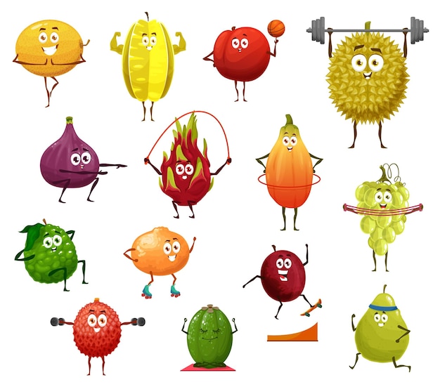 Los personajes de dibujos animados de frutas exóticas hacen ejercicios deportivos.