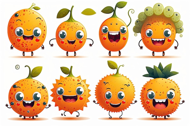 Personajes de dibujos animados de frutas felices y sonrientes lindos monstruos de frutas ilustración vectorial de fondo blanco Hecho por AIInteligencia artificial