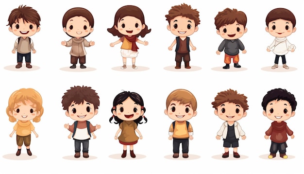 personajes de dibujos animados de niños y niñas con diferentes expresiones. IA generativa.