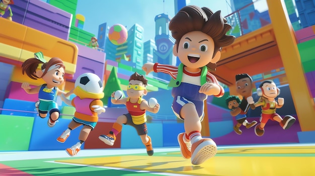 Foto los personajes de dibujos animados participan en actividades deportivas vibrantes en un telón de fondo animado lleno de color y energía desde el fútbol hasta el baloncesto, estas figuras animadas traen un toque lúdico.