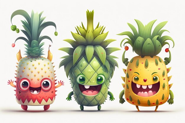 Personajes de dibujos animados de piña feliz y sonrisa lindos monstruos de frutas fondo blanco.