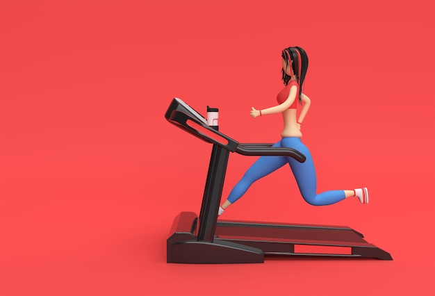 Personajes de dibujos animados de renderizado 3D Mujer corriendo máquina caminadora sobre un fondo de fitness.
