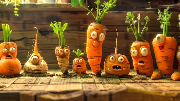 Personajes de dibujos animados de zanahorias en un jardín