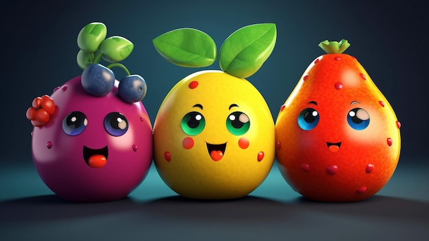 Personajes divertidos de frutas sobre fondo azul Ilustración generativa de ai