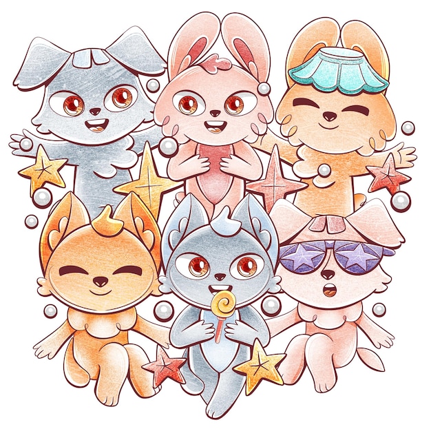 Personajes de estilo lindo de dibujos animados y sus emociones conejo gato y perro