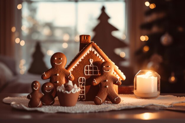 Personajes de galletas de jengibre familia con casa horneada y decorada con glaseado Hogar acogedor vibración higgle Navidad vacaciones de invierno