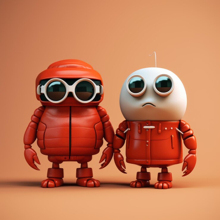 Foto personajes minimalistas en 3d robots lindos y cangrejo con gafas