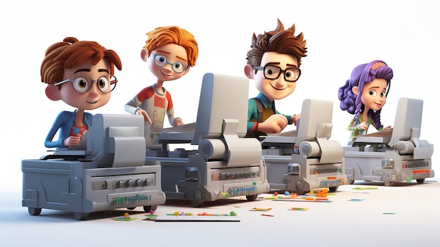 Personajes que operan impresoras 3D en la escuela