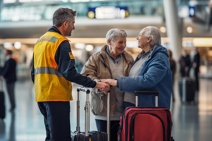 El personal del aeropuerto ayuda a una pareja de ancianos durante el viaje mostrando amabilidad y cuidado IA generativa