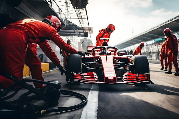 Personal de boxes profesional listo para la acción cuando el coche de carreras de su equipo llega al pit lane durante un pit