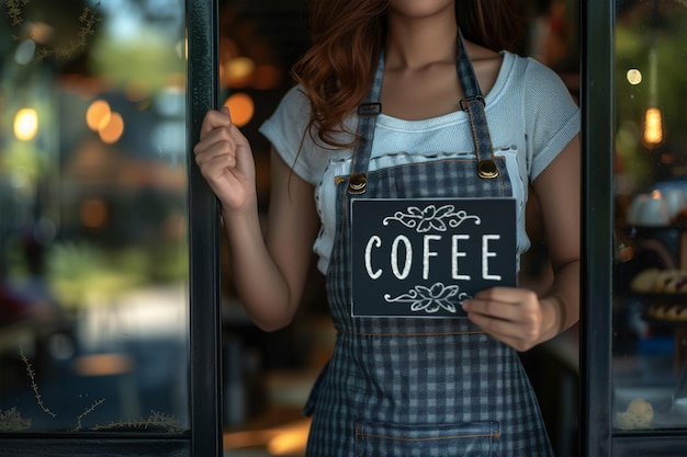 Foto un personal de una cafetería con una etiqueta de café