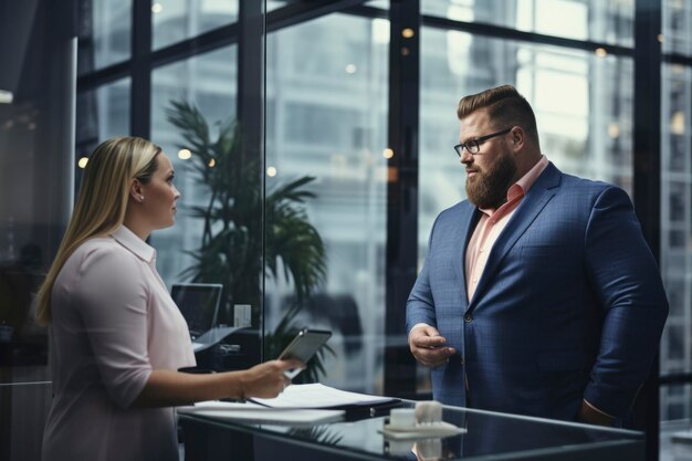 Personal directivo de talla grande discutiendo junto a las ventanas