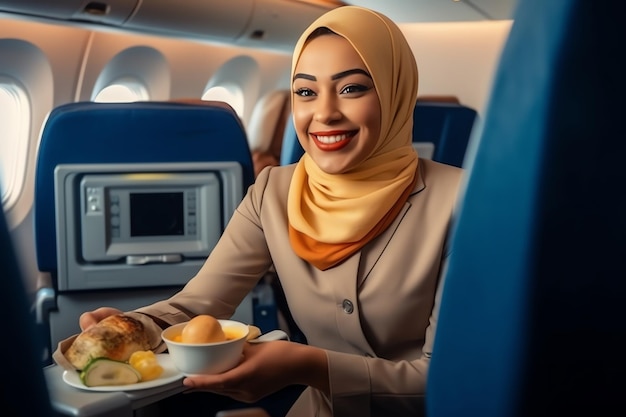 Personal femenino sirviendo alimentos en el avión