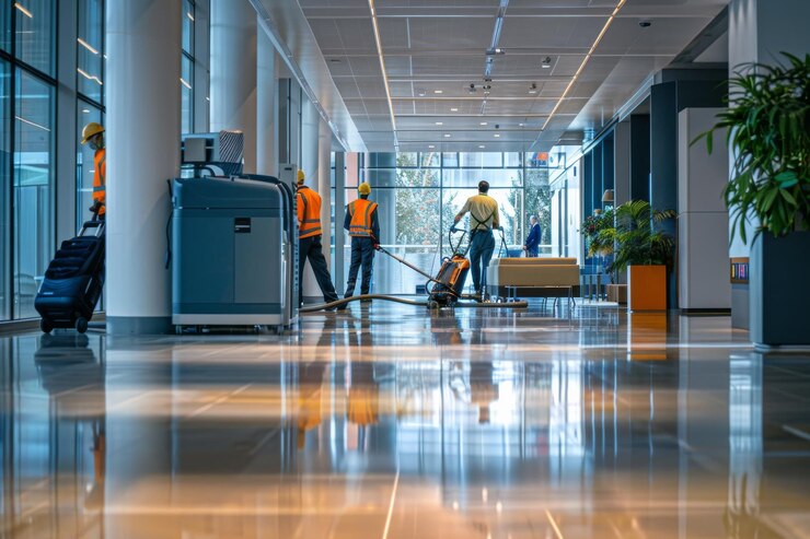 Personal de limpieza con uniformes y chalecos de seguridad trabajando en un edificio de oficinas moderno con pisos pulidos