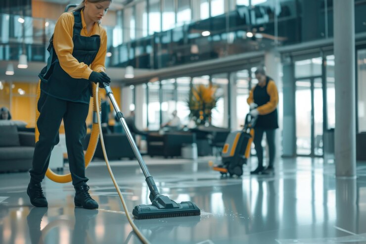 Personal de limpieza con uniformes y chalecos de seguridad trabajando en un edificio de oficinas moderno con pisos pulidos