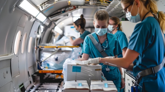 Foto el personal médico carga kits de emergencia en el avión para la misión de socorro de salud global urgente