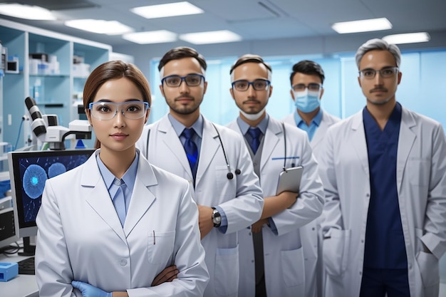 Personal médico científico profesional mirando a la cámara en un laboratorio modernamente equipado