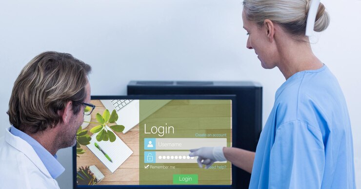 Foto personal médico mirando la página de registro en el monitor