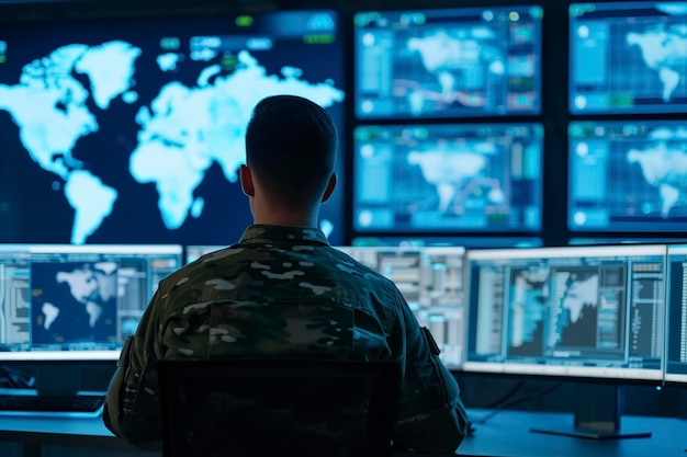 el personal militar se centra en la vigilancia utilizando múltiples monitores
