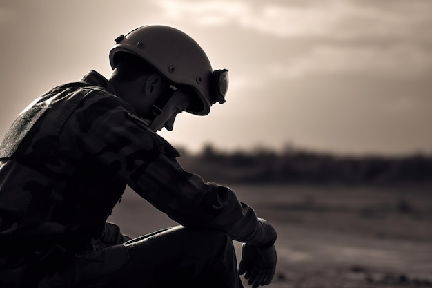 Personal militar en uniforme y casco de guerra sentado triste y cansado de luto por la pérdida de camaradas