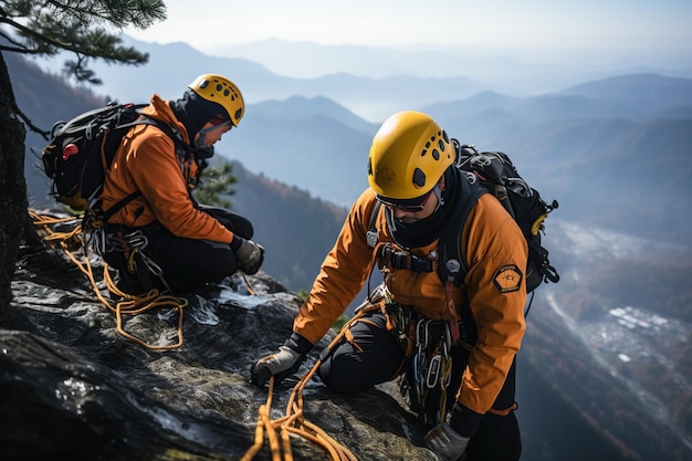 Personal de rescate a gran altura utiliza sistemas de cuerdas para rescatar a personas en peligro Generado con IA