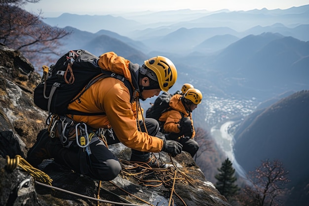 Foto personal de rescate a gran altura utiliza sistemas de cuerdas para rescatar a personas en peligro generado con ia