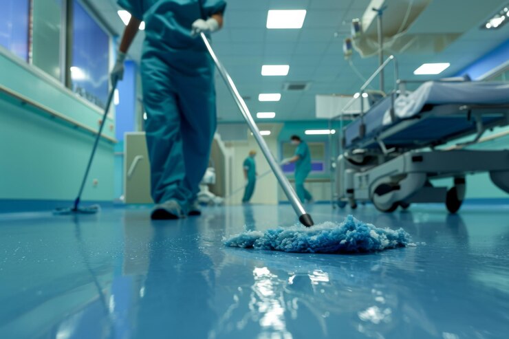 El personal de saneamiento del hospital limpiando el suelo con atención a la limpieza