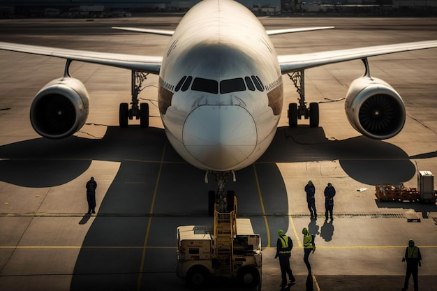 Foto el personal de tierra realiza el mantenimiento de un avión comercial de fuselaje ancho detenido en un aeropuerto listo para su próximo viaje aéreo generado por ai