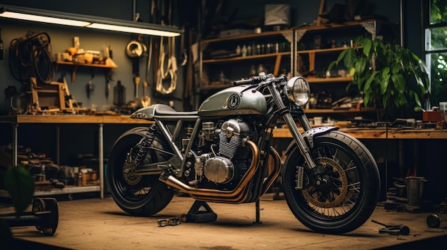 Foto personalizar uma motocicleta old school cafe racer em uma oficina em casa