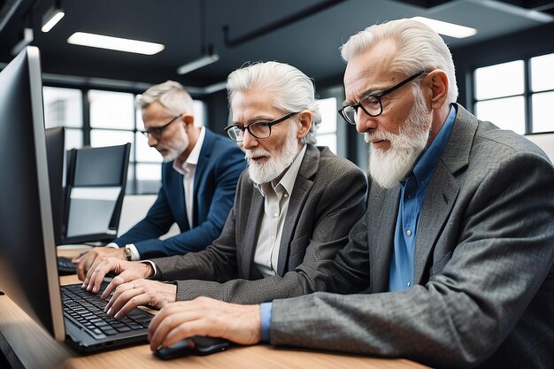 Personas de 50 años codificando en un entorno de oficina Los usuarios los están buscando