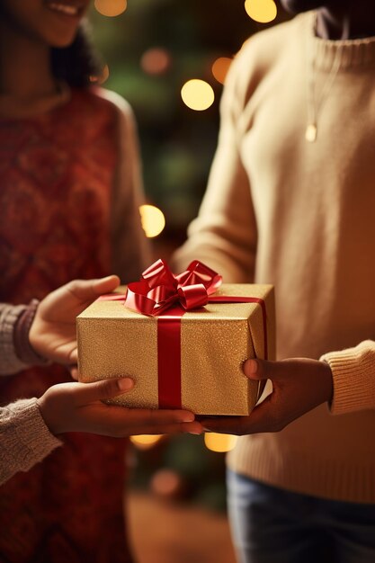 Personas adultas que regalan un regalo a un niño en Navidad