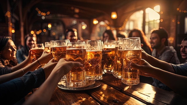 personas bebiendo cerveza en un bar con personas sentadas detrás de ellas
