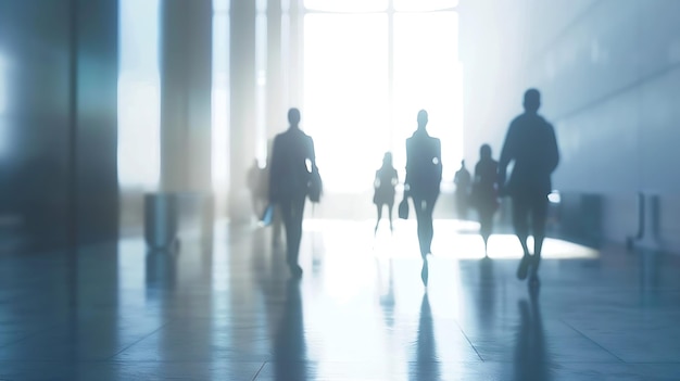 personas borrosas caminando en un pasillo moderno IA generativa