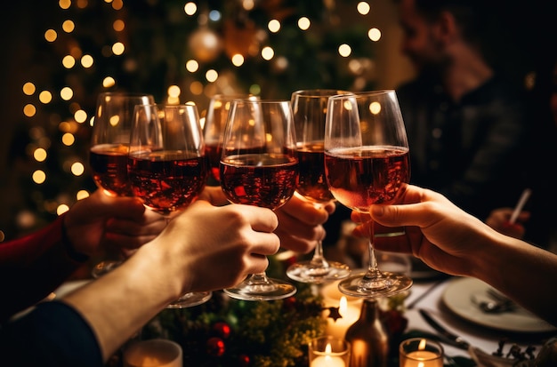 personas brindando durante la cena en una fiesta de Navidad