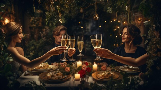 Foto personas brindando con vasos en una mesa de cena de navidad