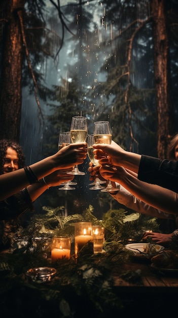 personas brindando con vasos en una mesa de cena de Navidad