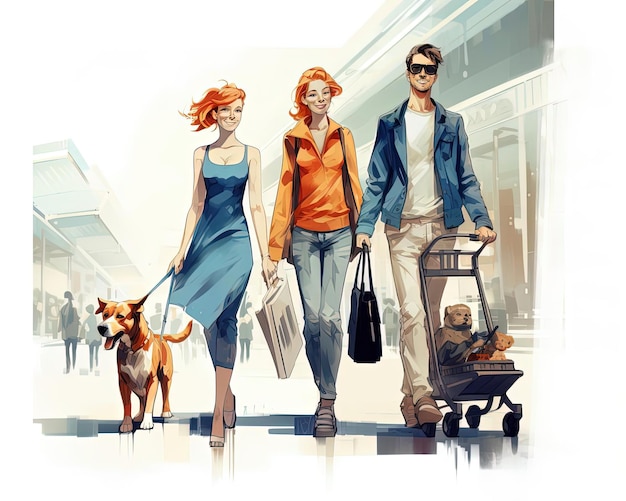 personas caminando al mercado con su perro en el estilo de ilustraciones animadas