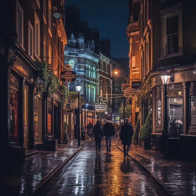 personas caminando por una calle húmeda por la noche en una ciudad generativa ai