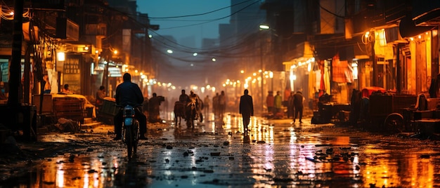 personas caminando por una calle húmeda por la noche con las luces encendidas