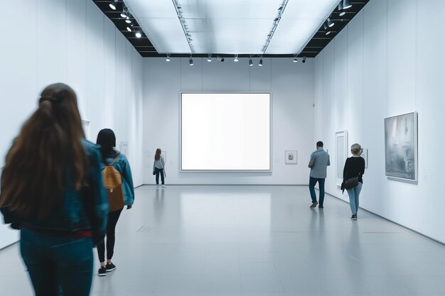 Foto personas caminando en la galería de arte marco vacío en la pared