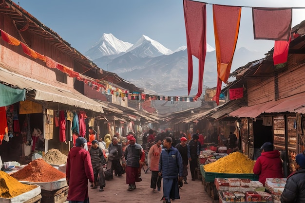 personas caminando por un mercado con montañas en el fondo